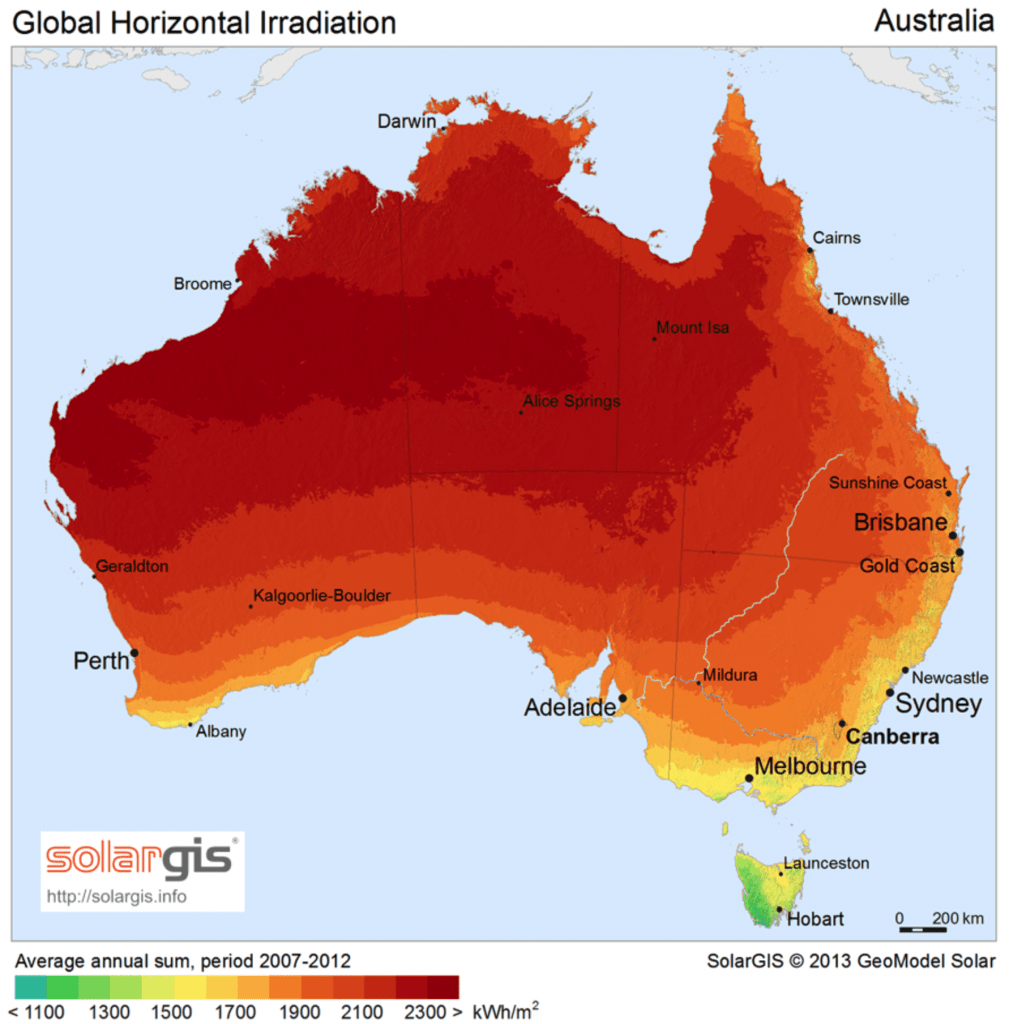 Map of Australia that is colour graded based upon how much sun in kWh/m2 an area receives 